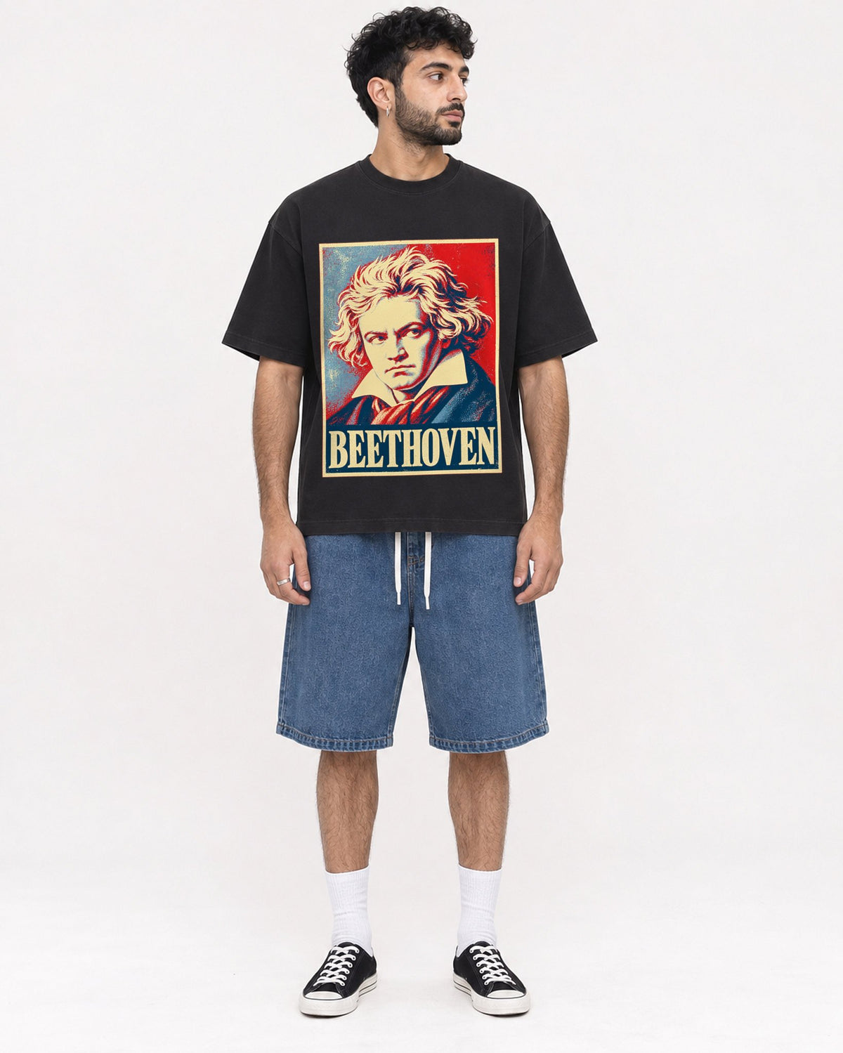 Mockup Boxy Heavyweight Tee Black male full-body 07