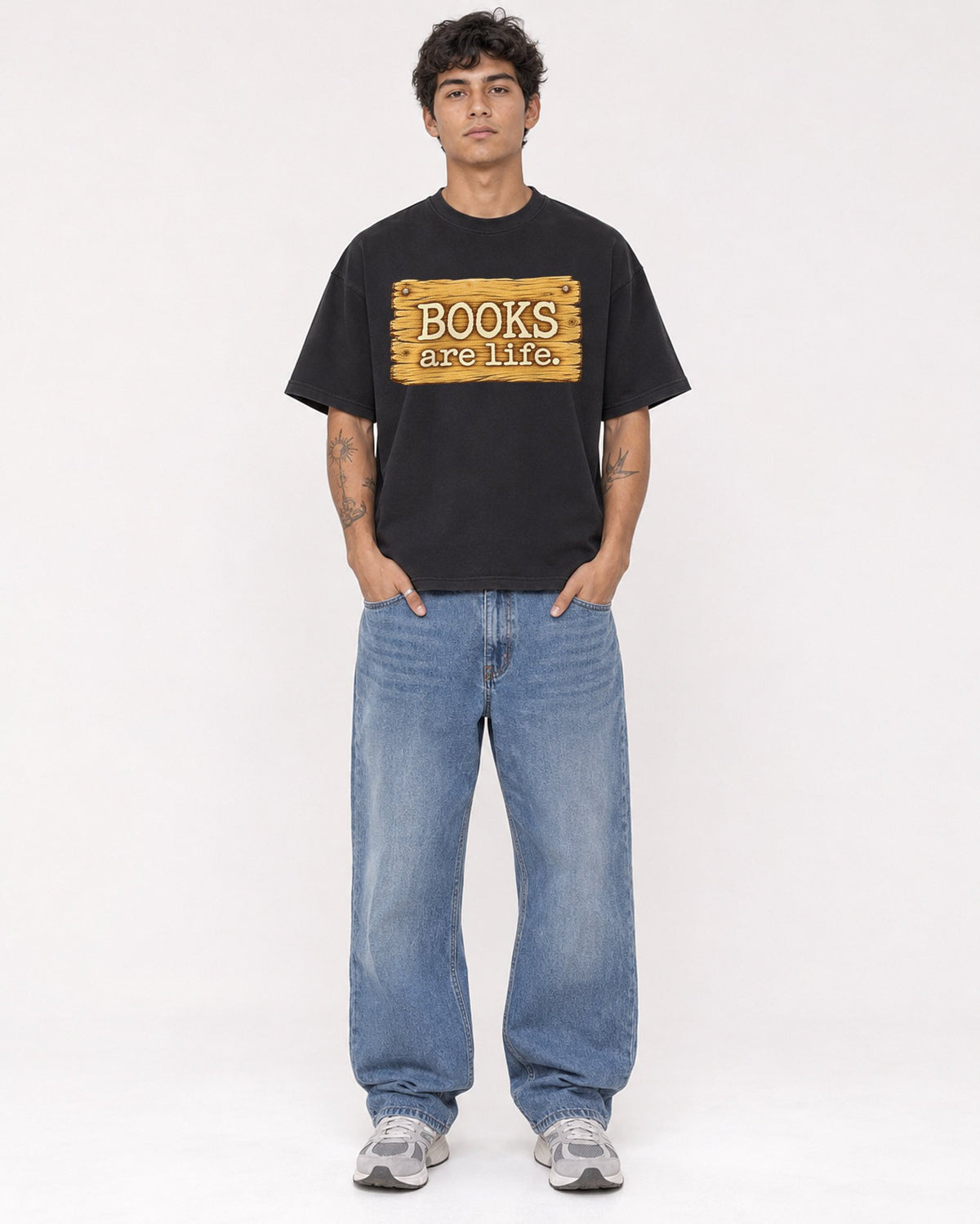 Mockup Boxy Heavyweight Tee Black male full-body 06