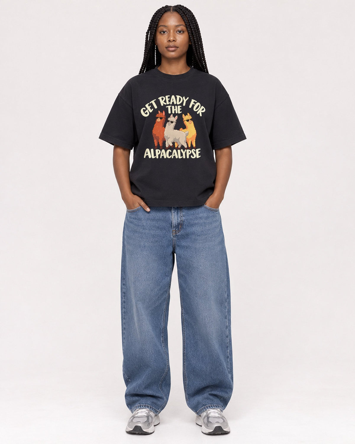 Mockup Boxy Heavyweight Tee Black female full-body 04