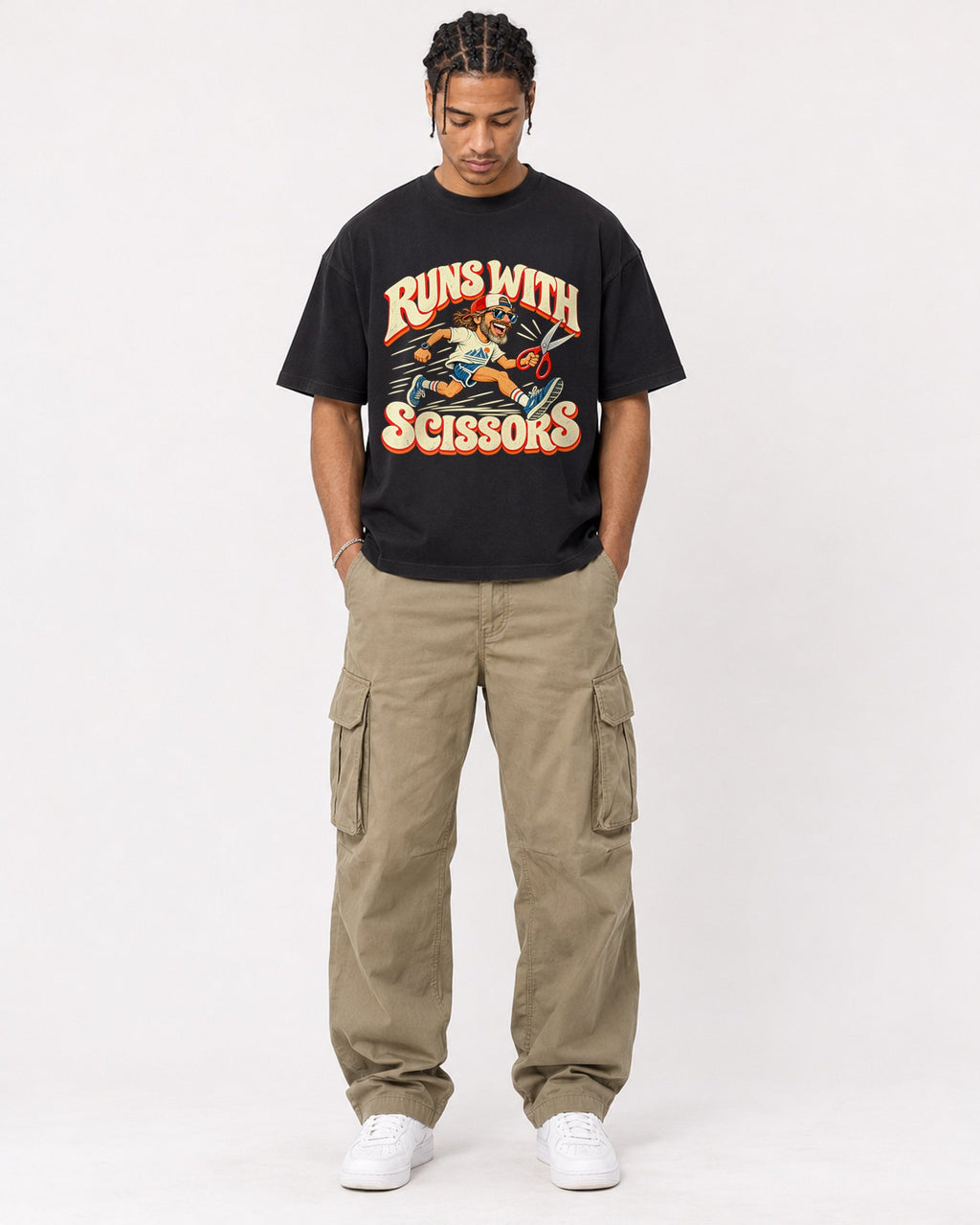Mockup Boxy Heavyweight Tee Black male full-body 40