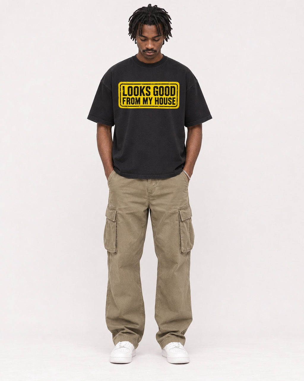 Mockup Boxy Heavyweight Tee Black male full-body 04