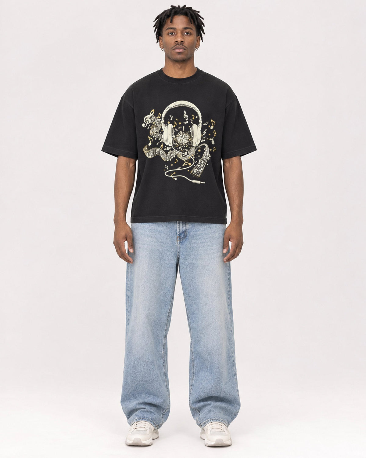 Mockup Boxy Heavyweight Tee Black male full-body 05