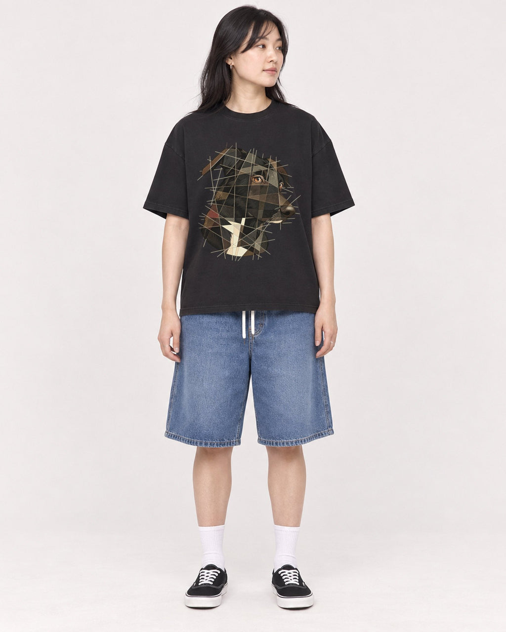 Mockup Boxy Heavyweight Tee Black female full-body 13