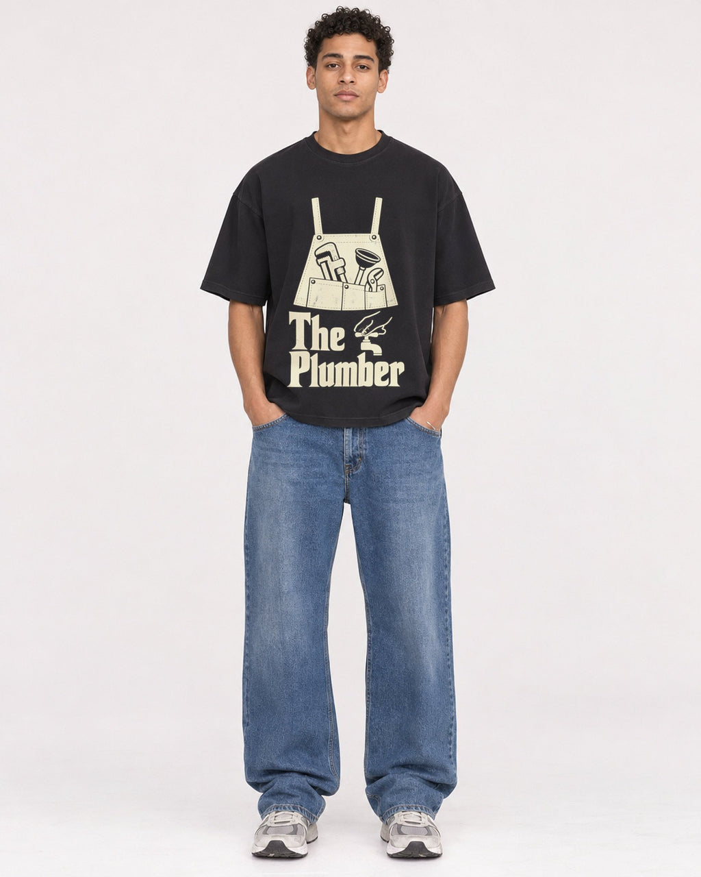 Mockup Boxy Heavyweight Tee Black male full-body 10