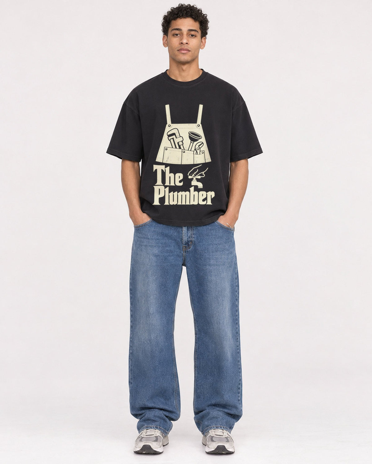 Mockup Boxy Heavyweight Tee Black male full-body 10