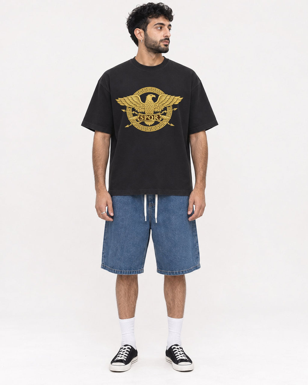 Mockup Boxy Heavyweight Tee Black male full-body 07