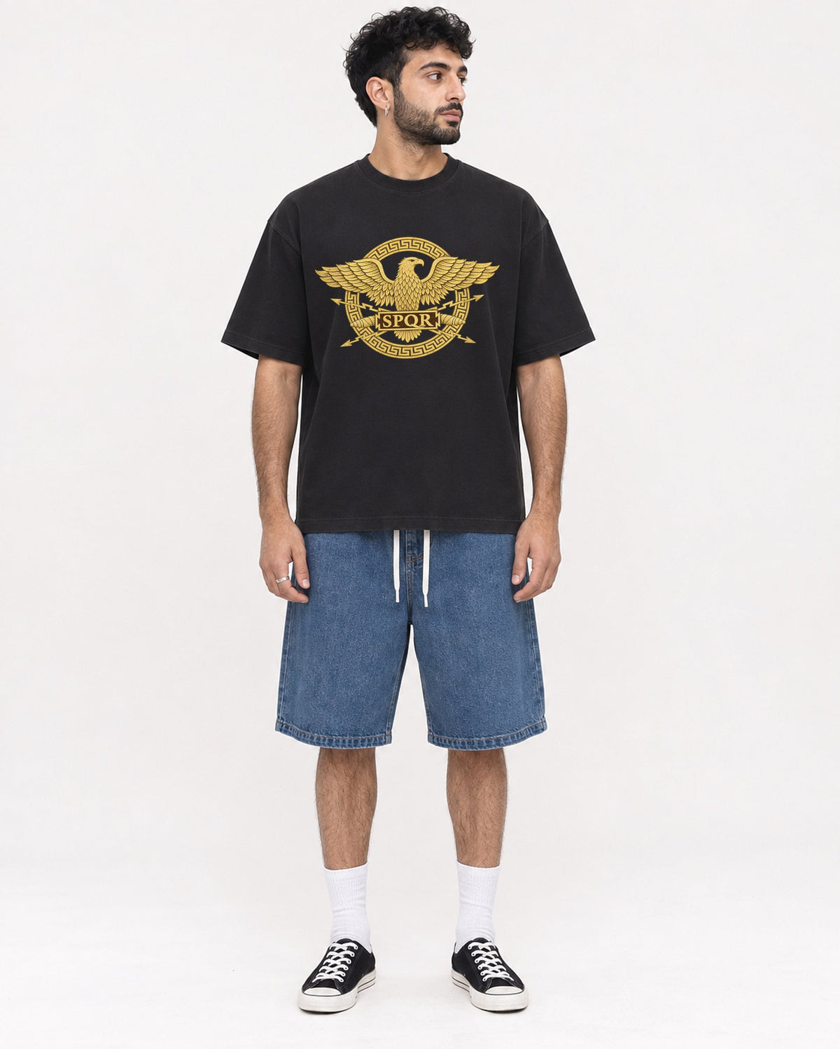 Mockup Boxy Heavyweight Tee Black male full-body 07