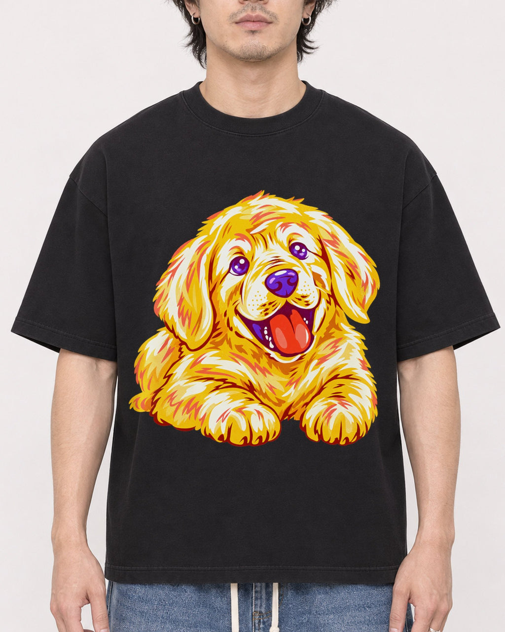 Mockup Boxy Heavyweight Tee Black male close-up 03