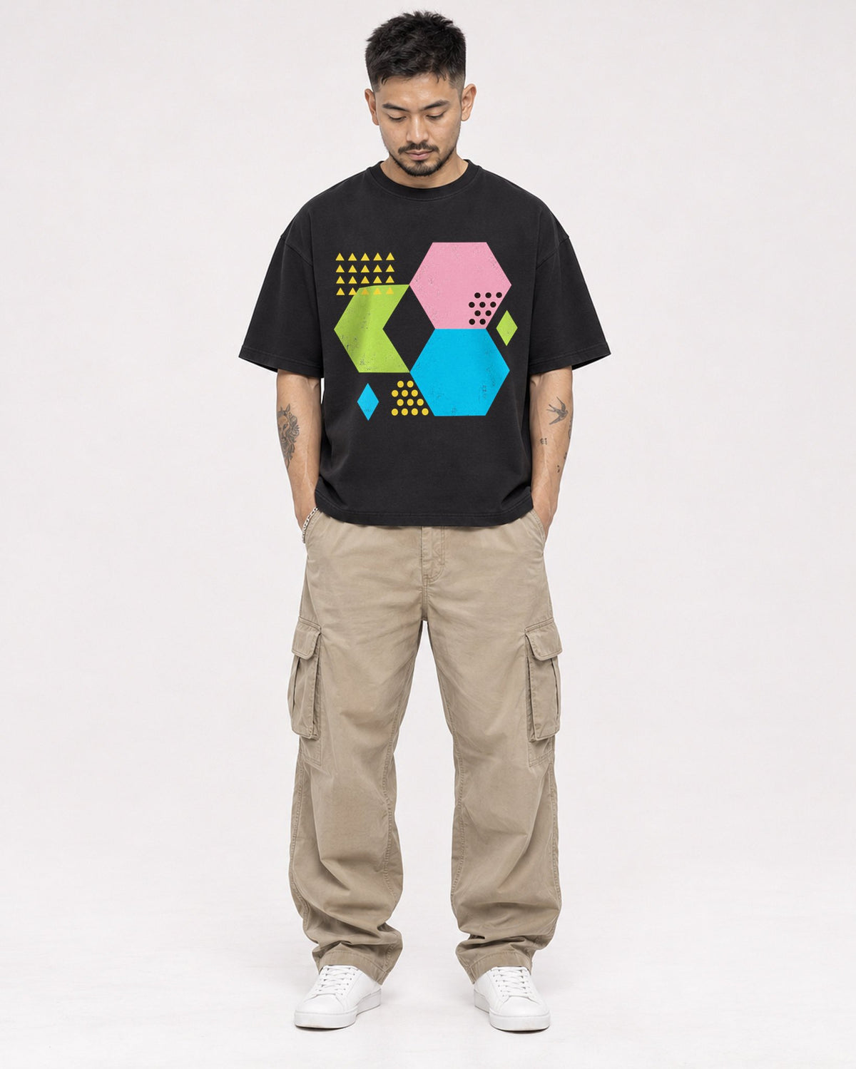 Mockup Boxy Heavyweight Tee Black male full-body 12