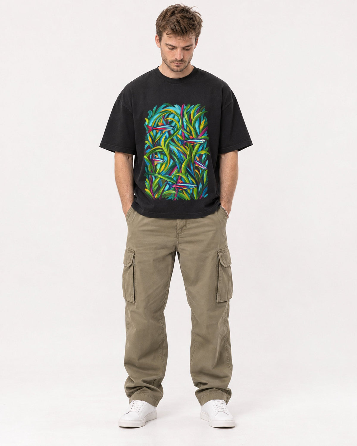 Mockup Boxy Heavyweight Tee Black male full-body 08