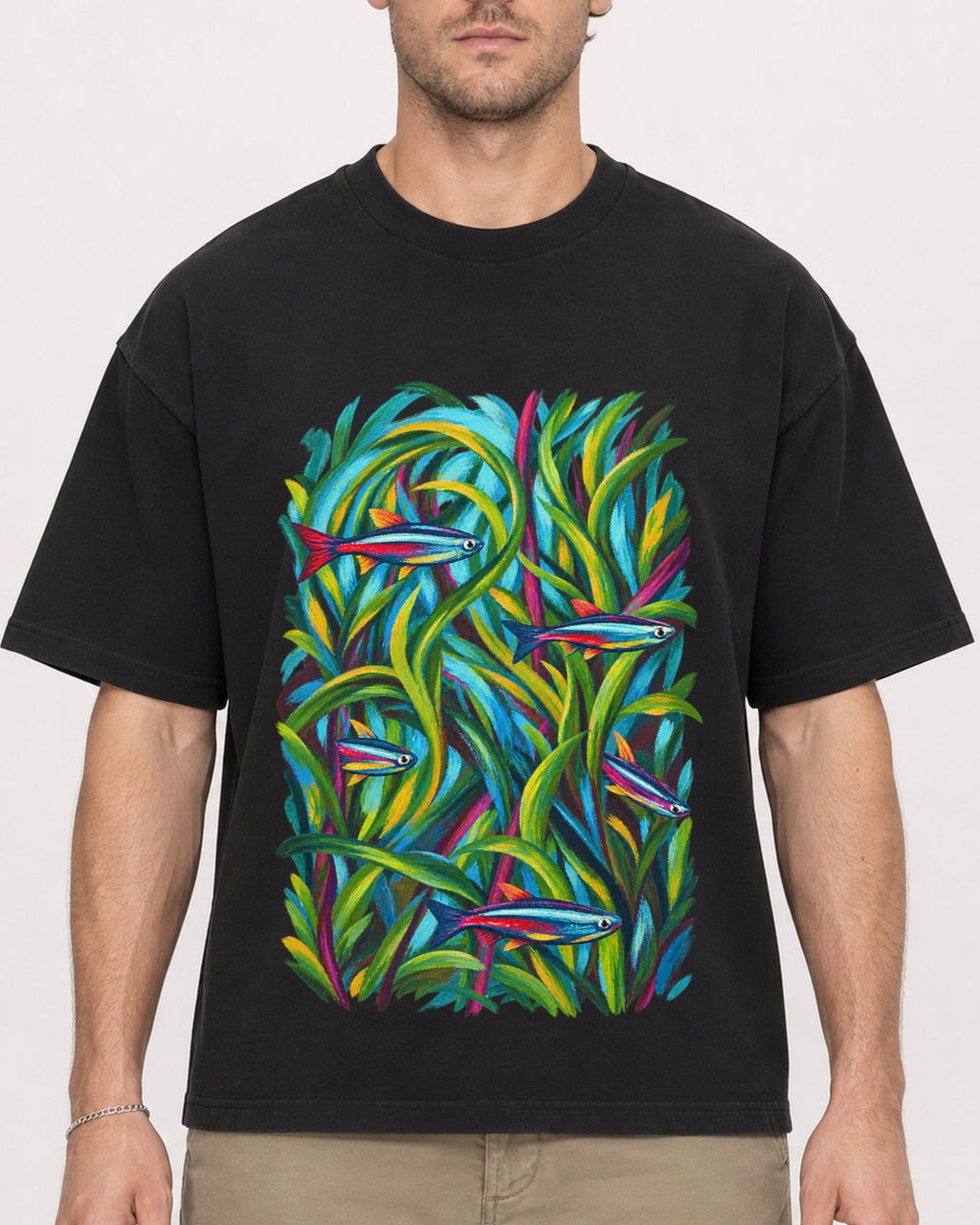 Mockup Boxy Heavyweight Tee Black male close-up 08