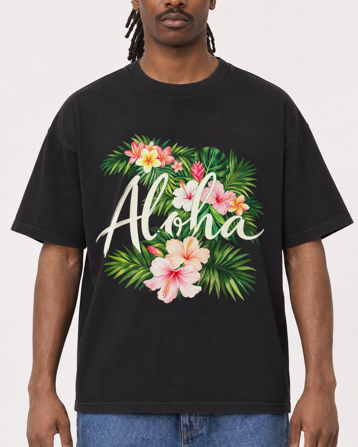 Mockup Boxy Heavyweight Tee Black male close-up 34
