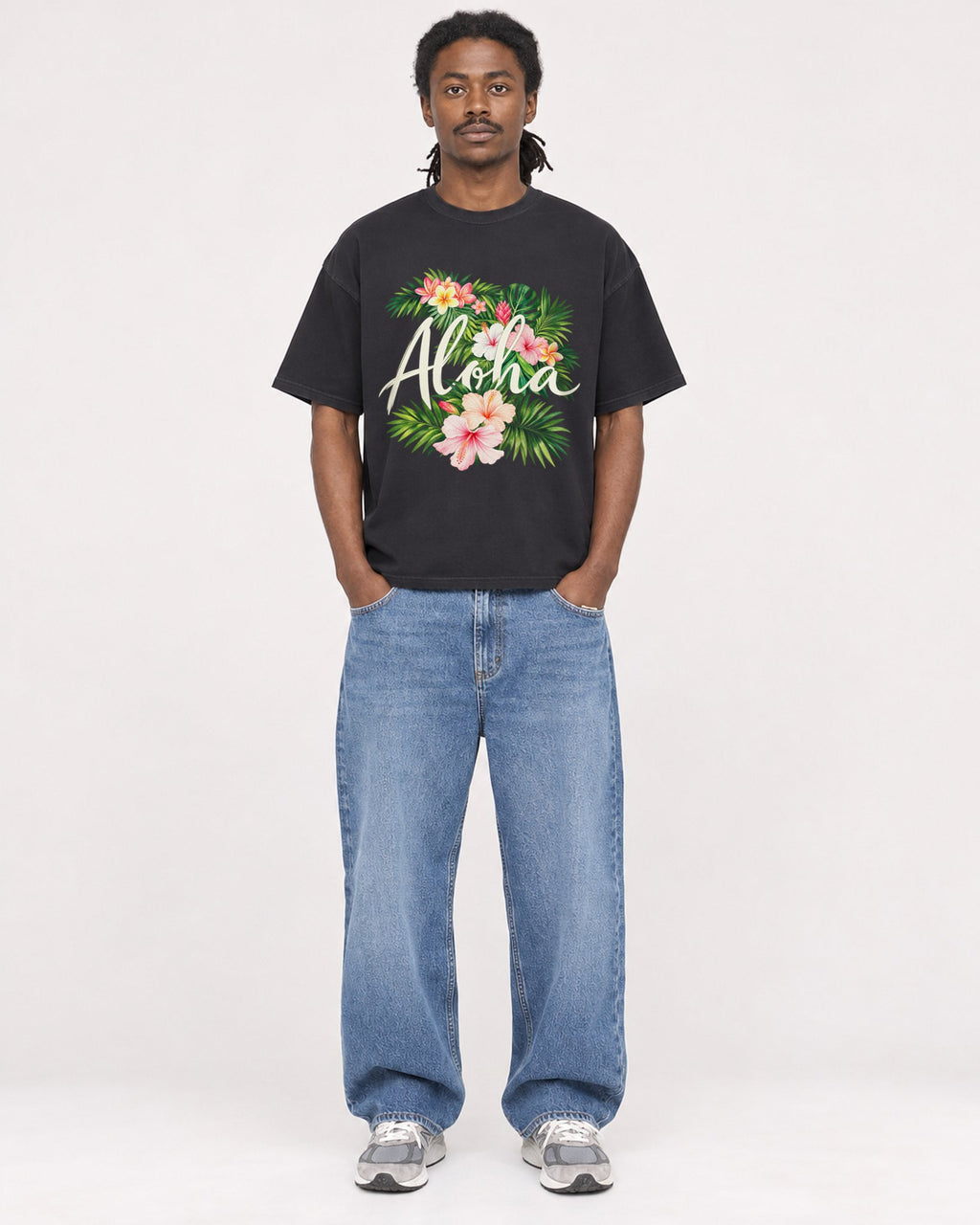 Mockup Boxy Heavyweight Tee Black male full-body 34
