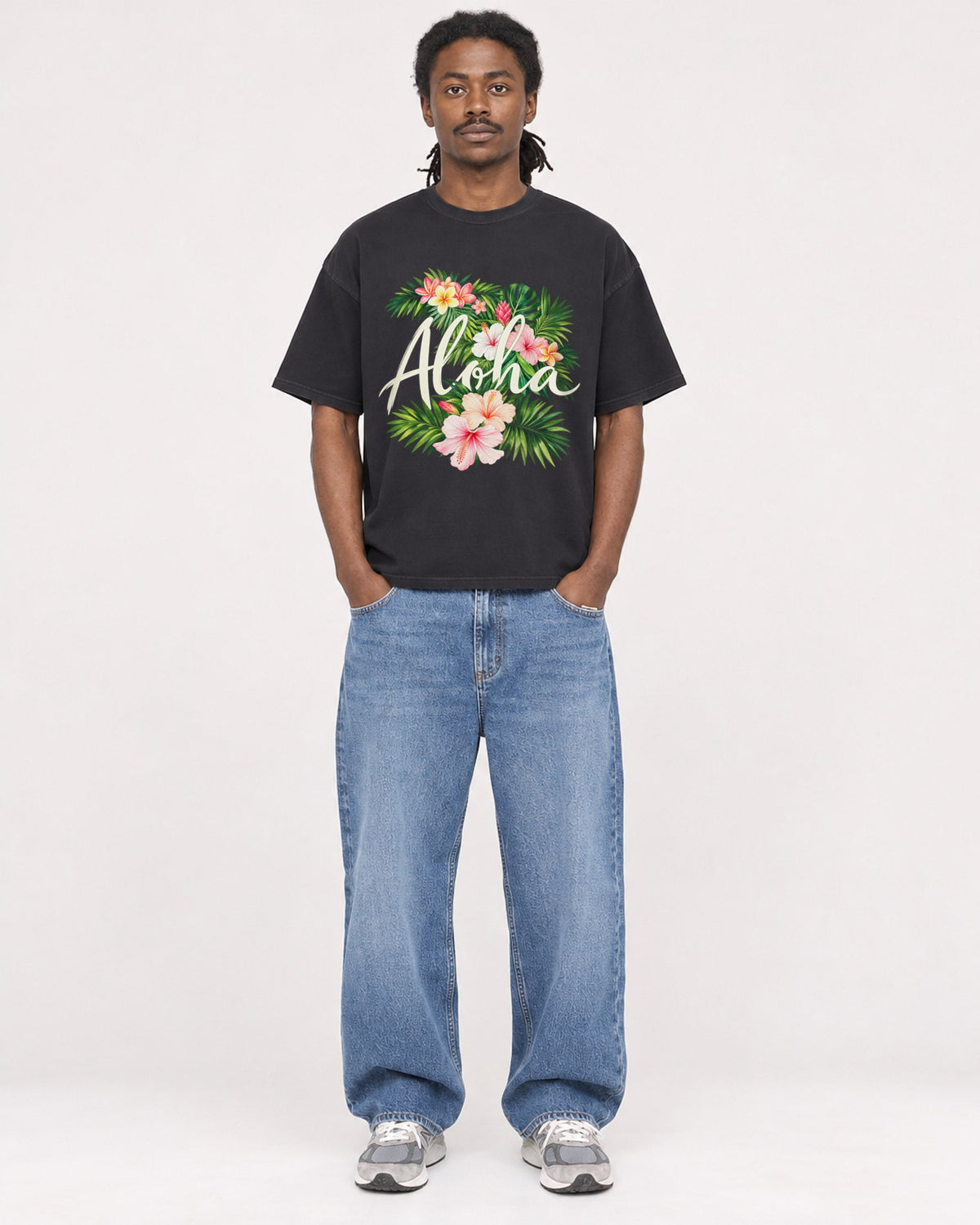 Mockup Boxy Heavyweight Tee Black male full-body 34