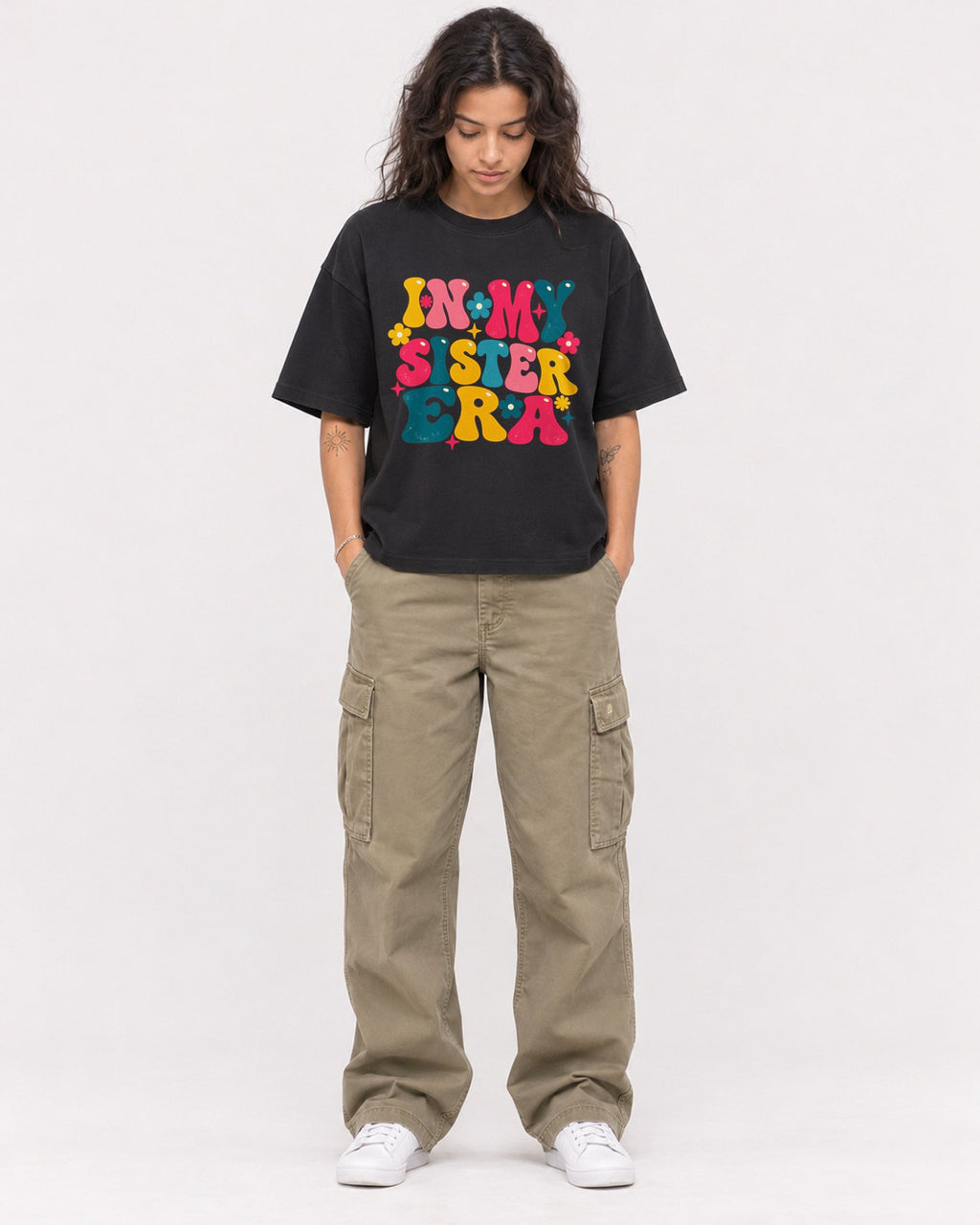 Mockup Boxy Heavyweight Tee Black female full-body 30
