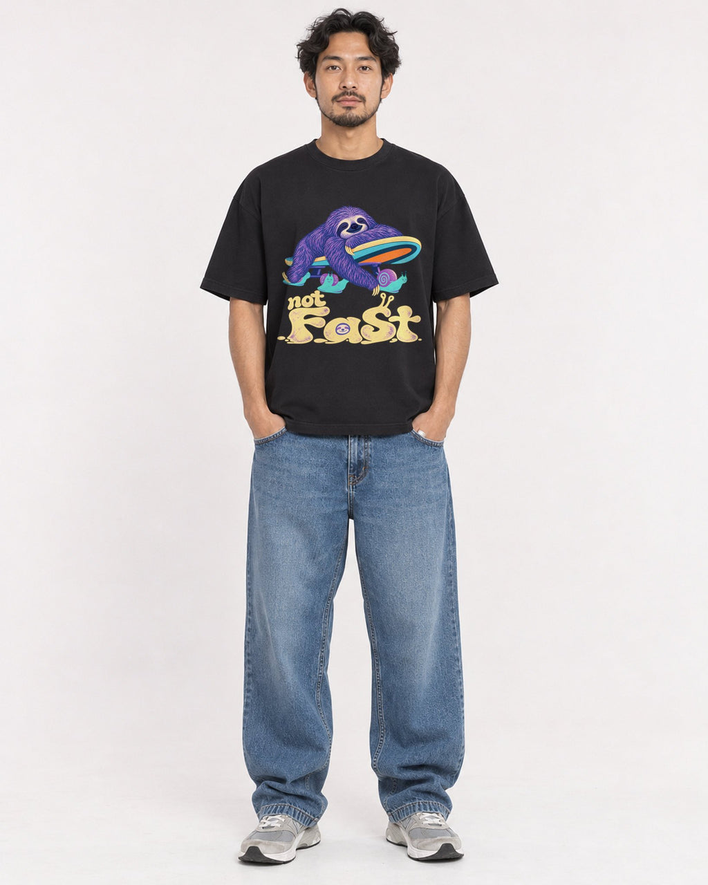 Mockup Boxy Heavyweight Tee Black male full-body 02