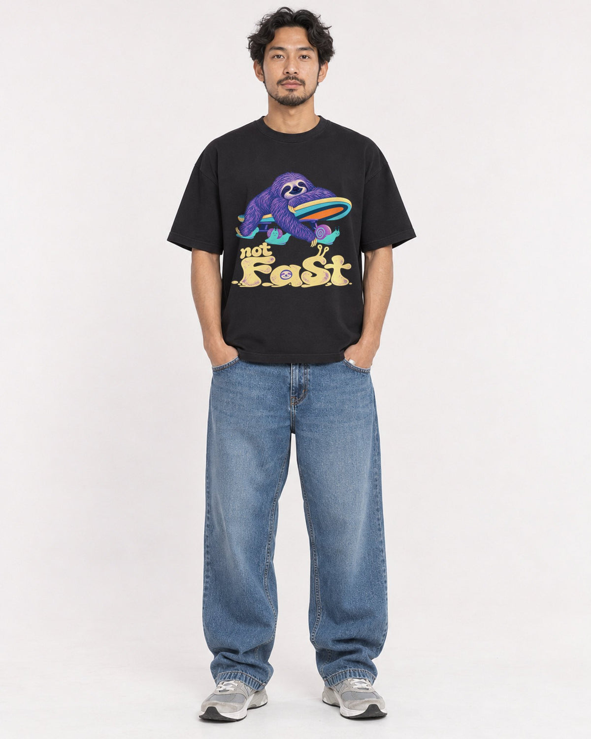 Mockup Boxy Heavyweight Tee Black male full-body 02