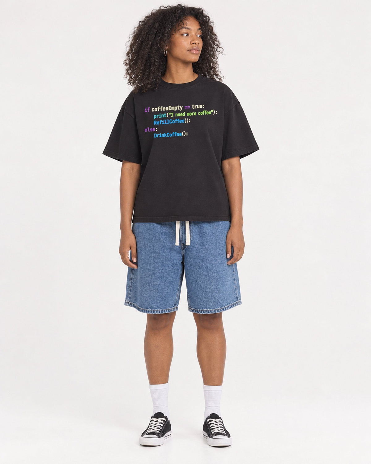 Mockup Boxy Heavyweight Tee Black female full-body 05