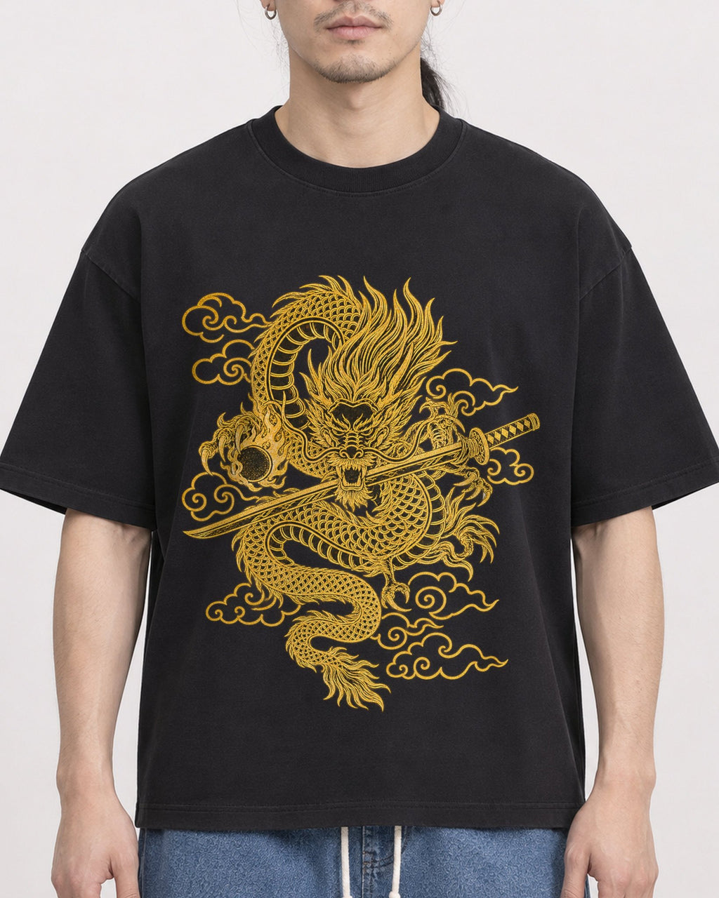 Mockup Boxy Heavyweight Tee Black male close-up 43