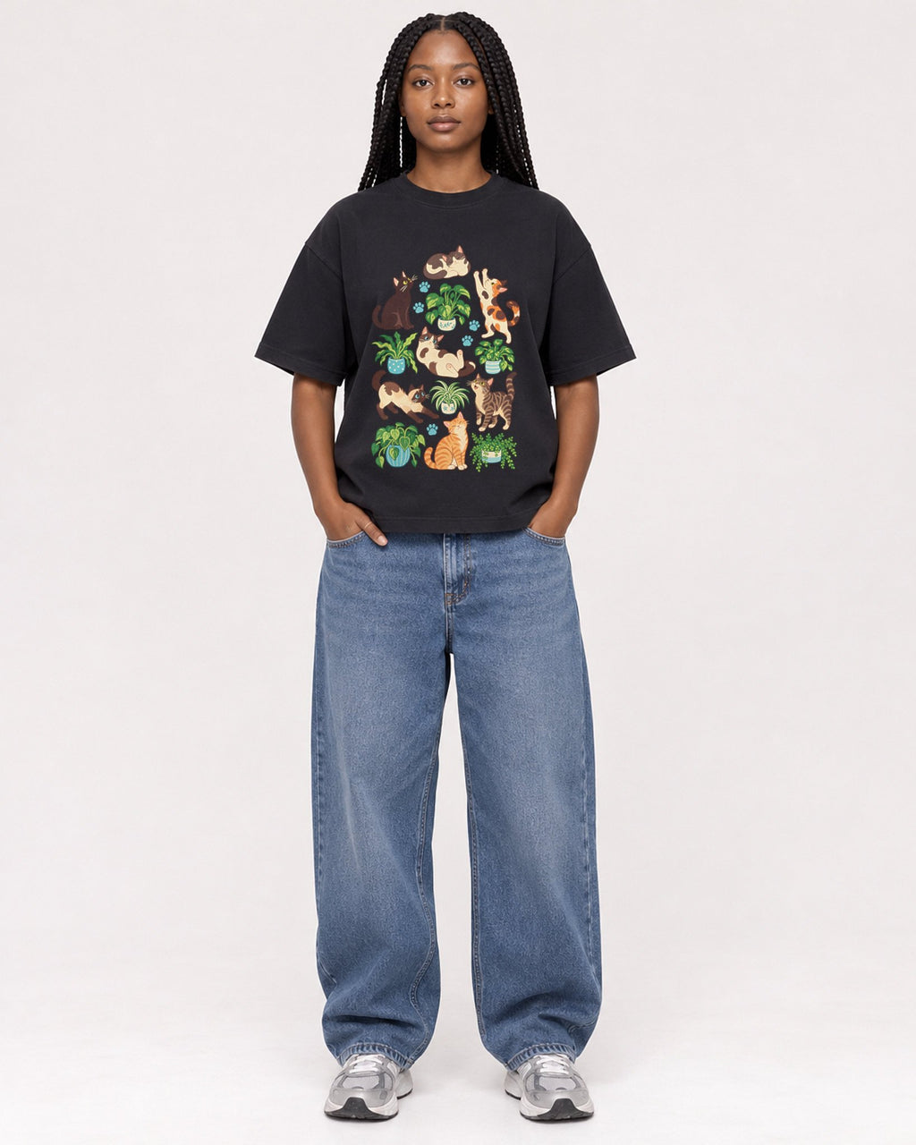 Mockup Boxy Heavyweight Tee Black female full-body 04