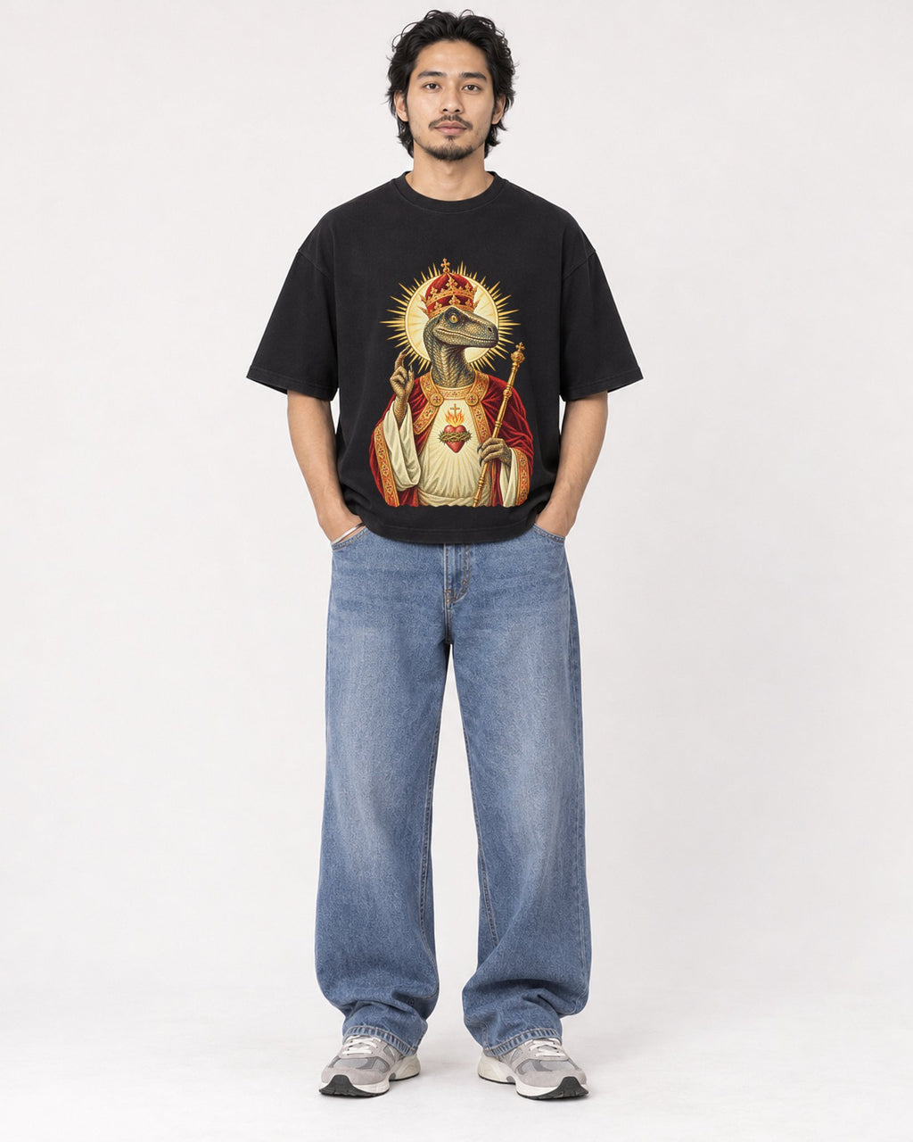 Mockup Boxy Heavyweight Tee Black male full-body 22