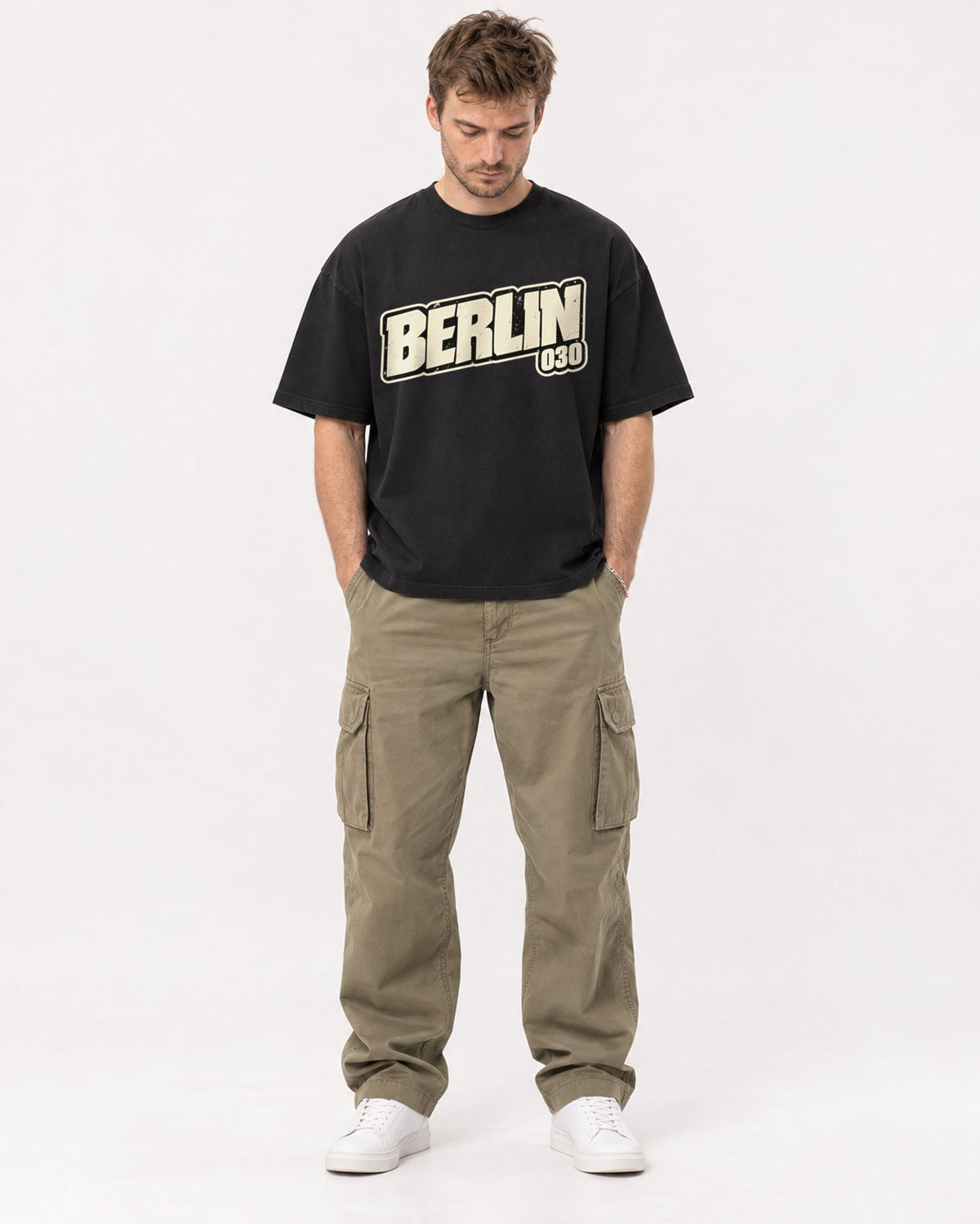 Mockup Boxy Heavyweight Tee Black male full-body 08