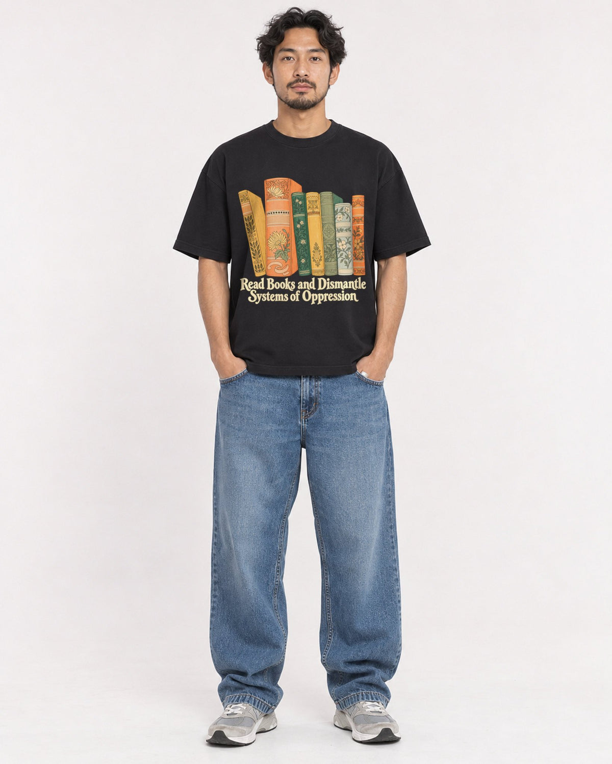 Mockup Boxy Heavyweight Tee Black male full-body 02