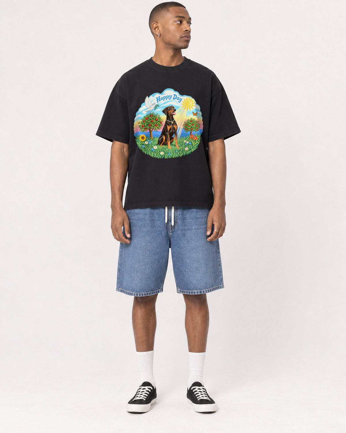 Mockup Boxy Heavyweight Tee Black male full-body 35