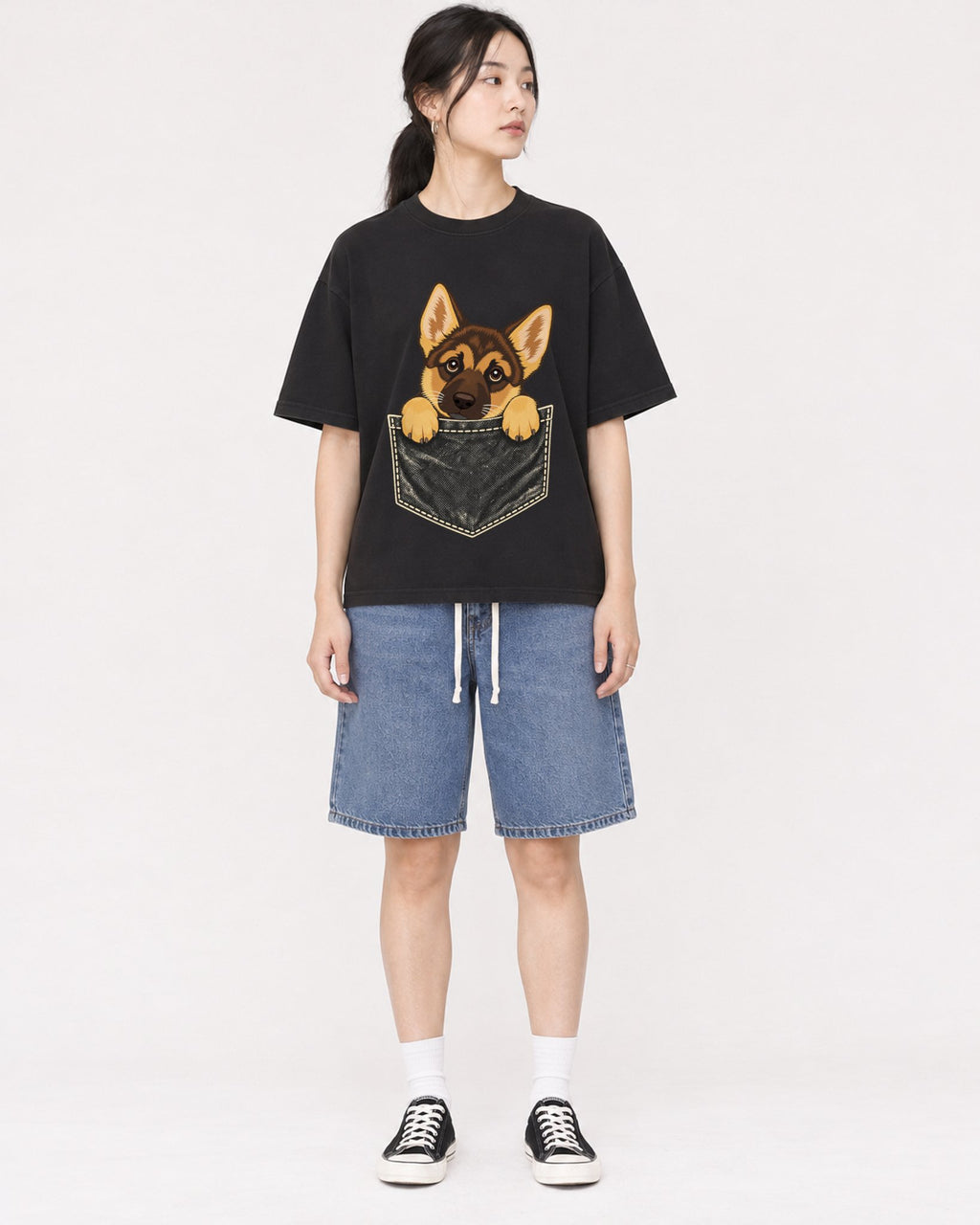 Mockup Boxy Heavyweight Tee Black female full-body 21