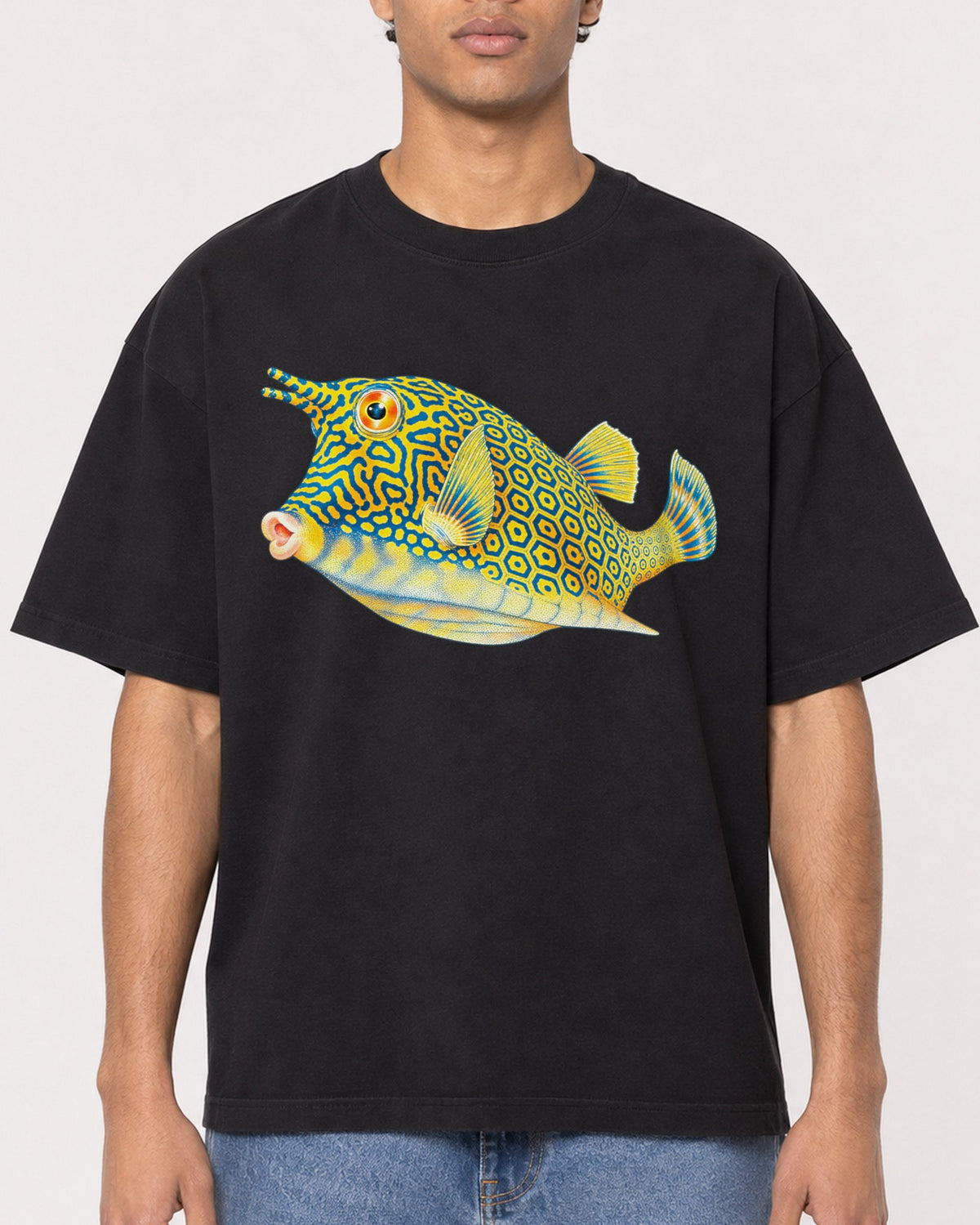 Mockup Boxy Heavyweight Tee Black male close-up 10