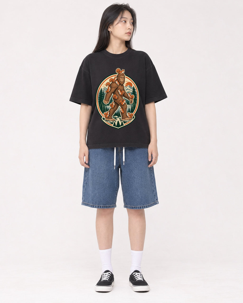 Mockup Boxy Heavyweight Tee Black female full-body 01