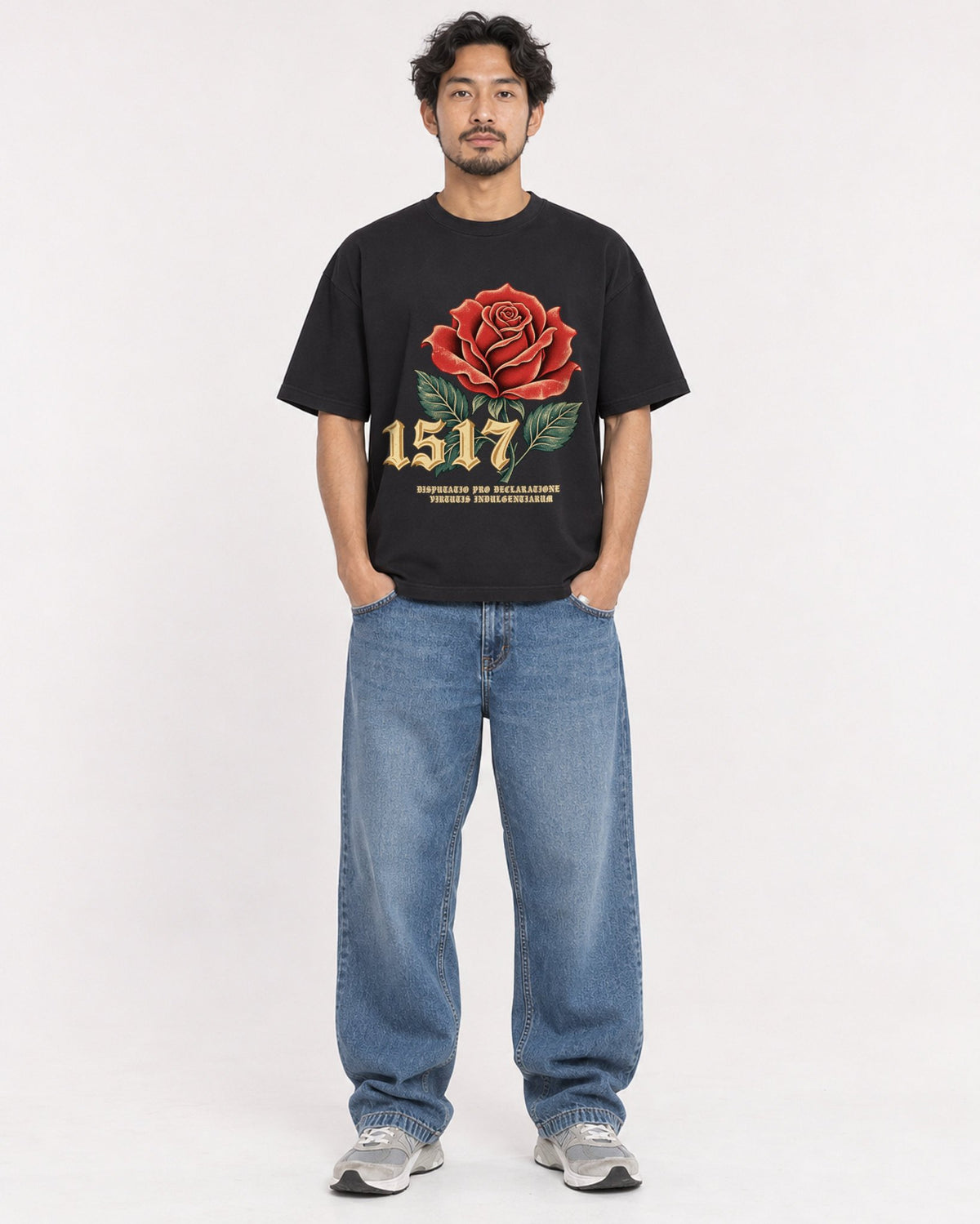 Mockup Boxy Heavyweight Tee Black male full-body 02