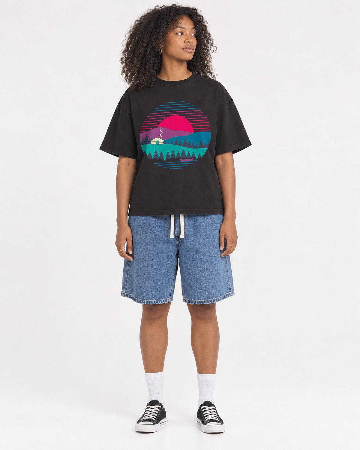 Mockup Boxy Heavyweight Tee Black female full-body 05