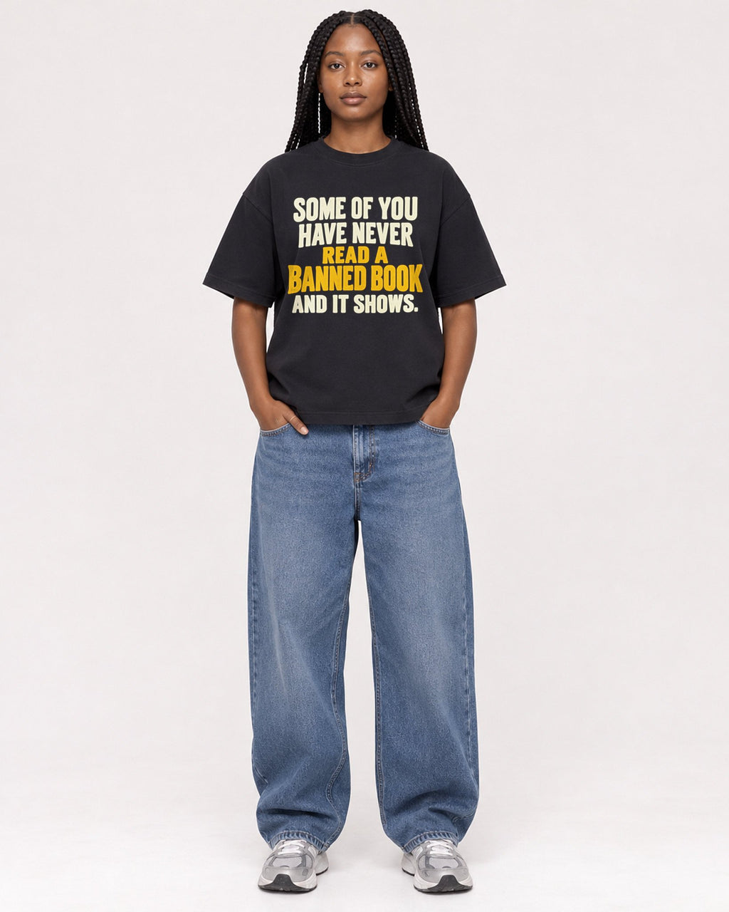 Mockup Boxy Heavyweight Tee Black female full-body 04