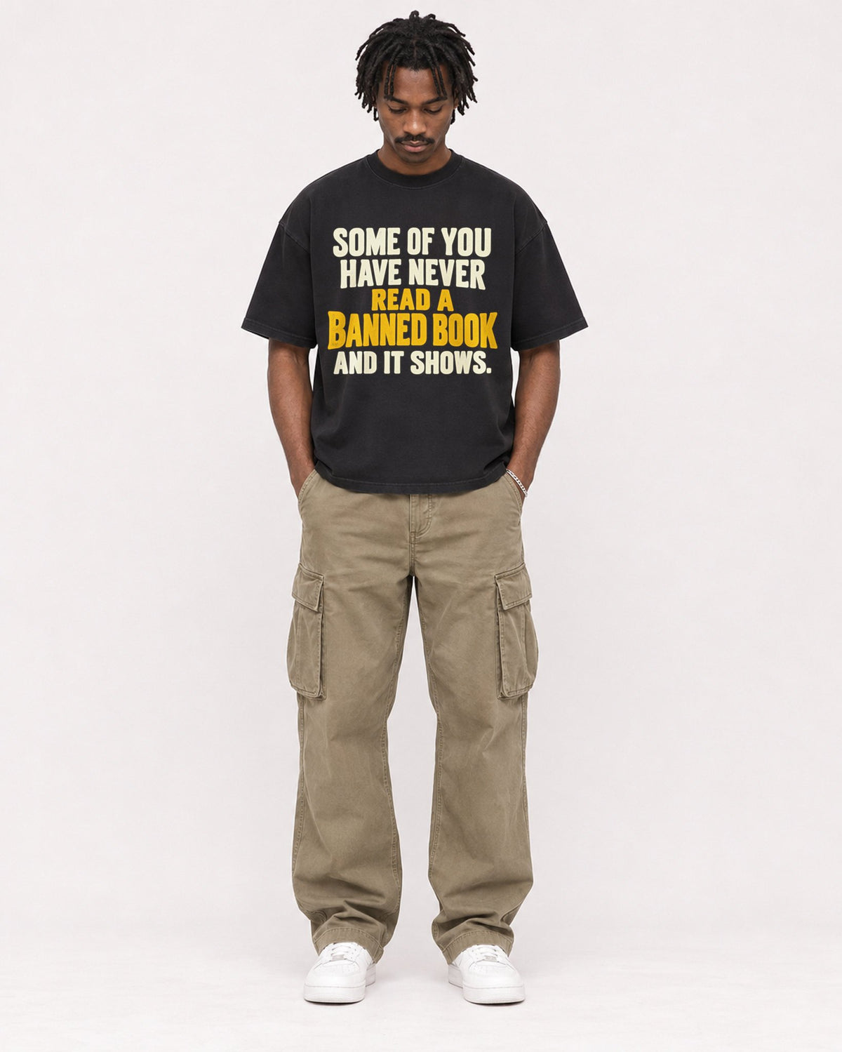 Mockup Boxy Heavyweight Tee Black male full-body 04