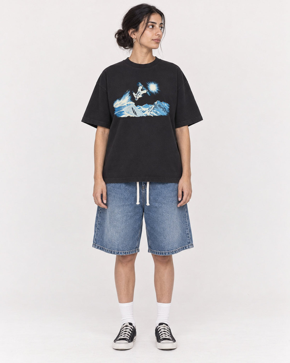 Mockup Boxy Heavyweight Tee Black female full-body 17