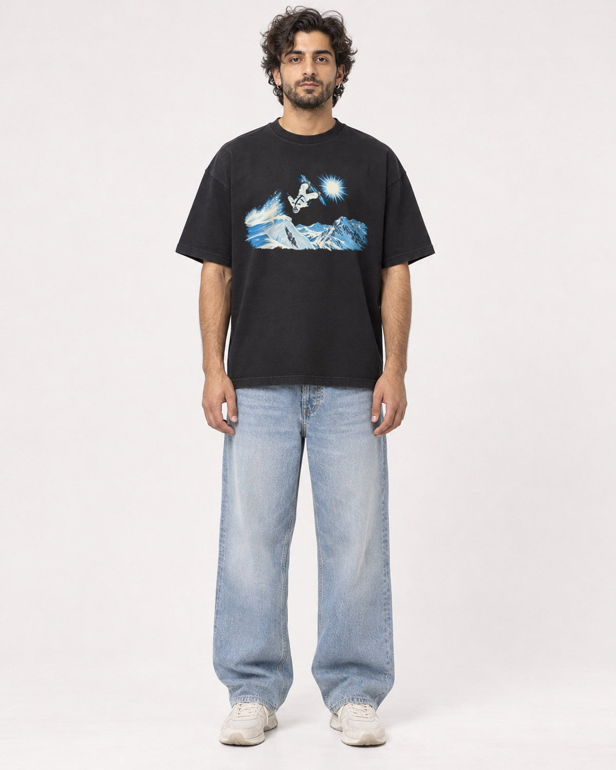 Mockup Boxy Heavyweight Tee Black male full-body 17