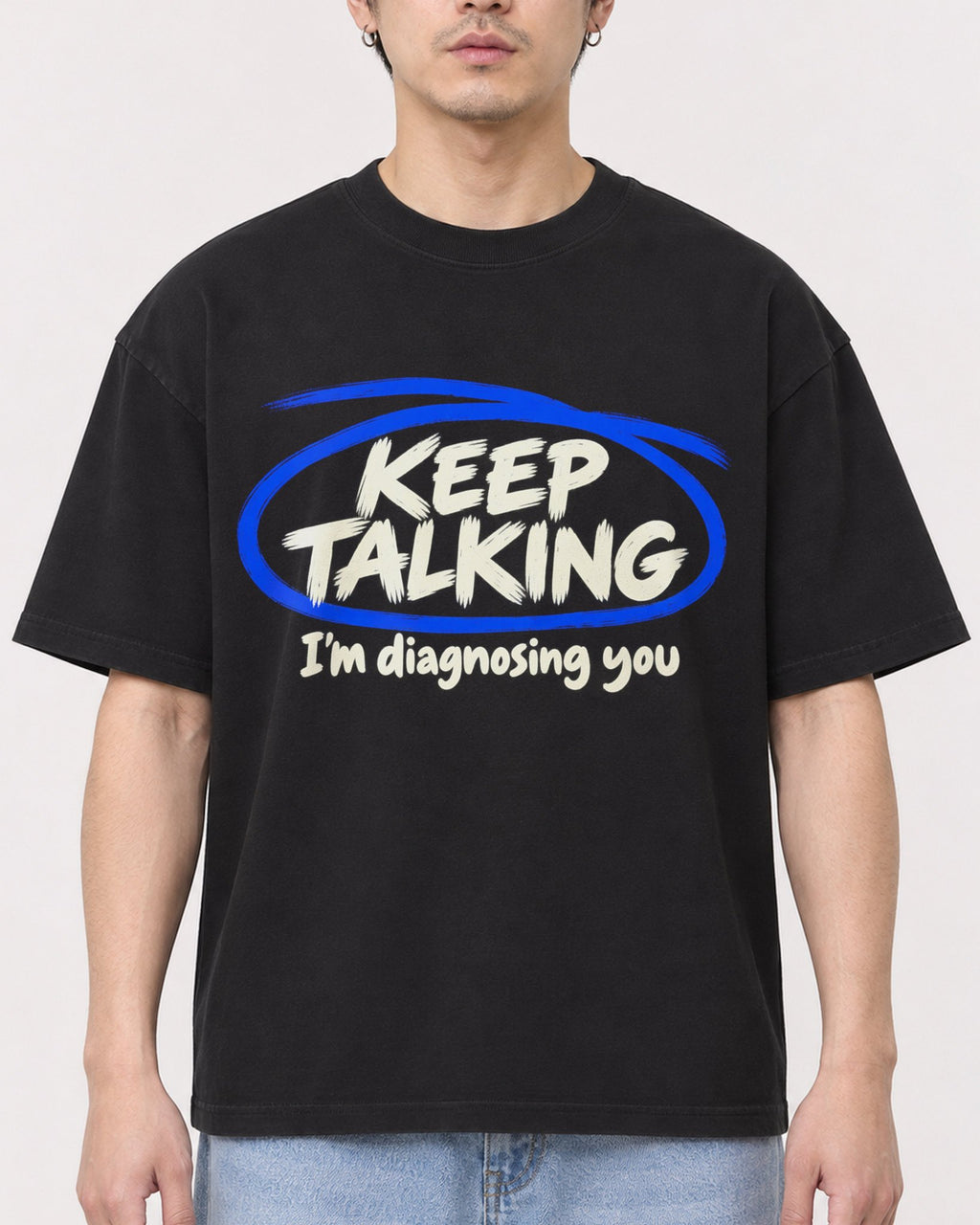 Mockup Boxy Heavyweight Tee Black male close-up 13