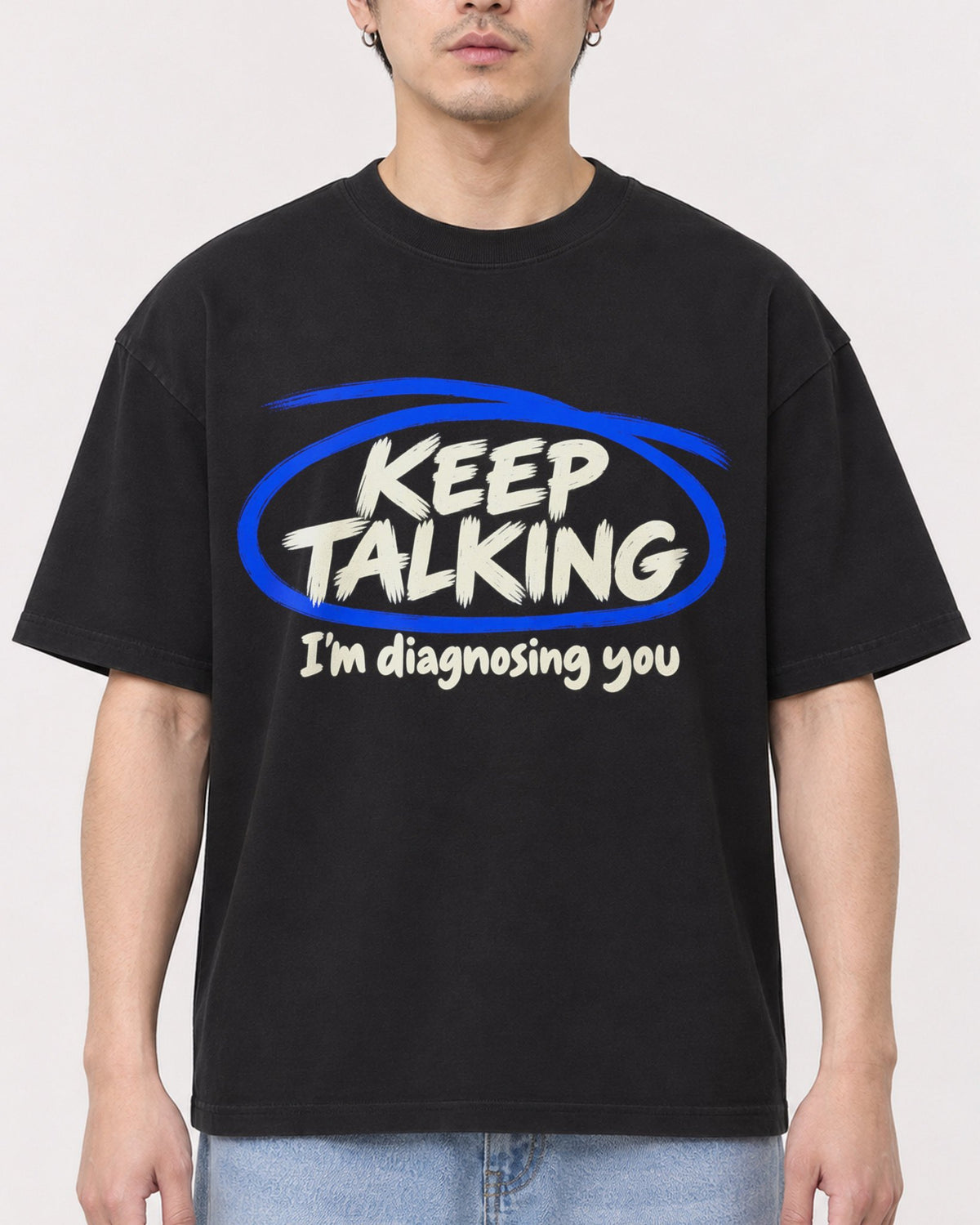 Mockup Boxy Heavyweight Tee Black male close-up 13
