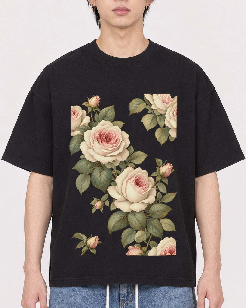 Mockup Boxy Heavyweight Tee Black male close-up 11