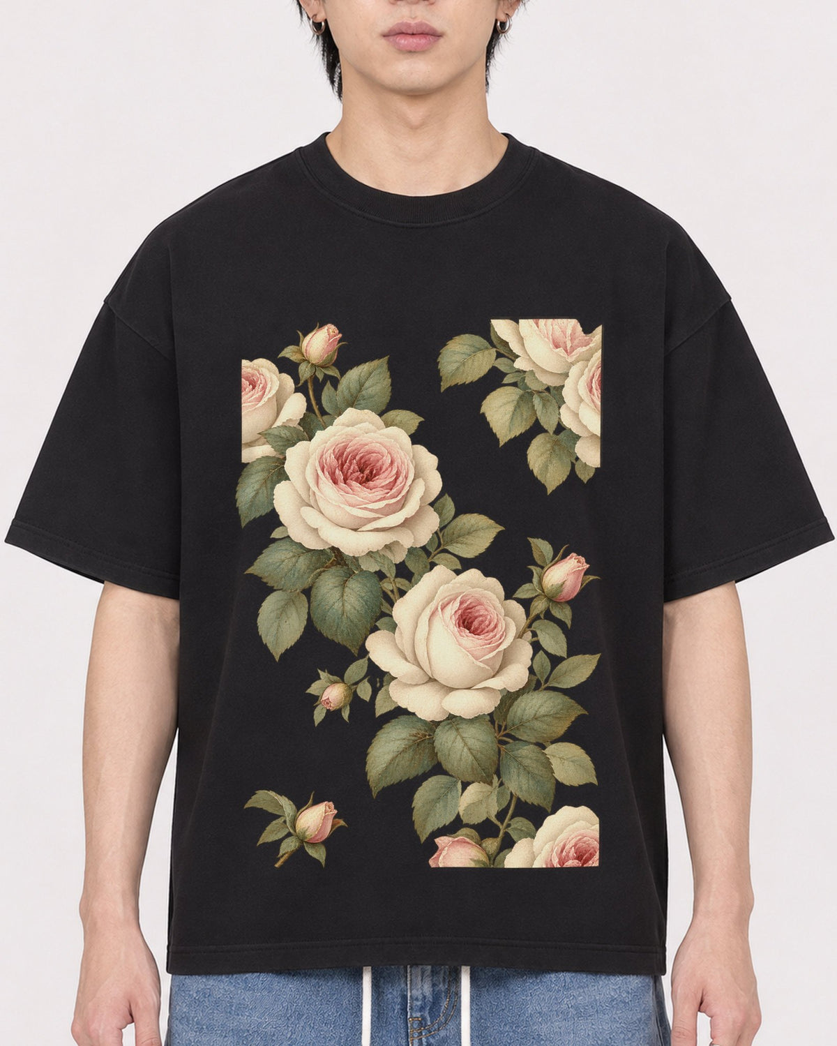 Mockup Boxy Heavyweight Tee Black male close-up 11