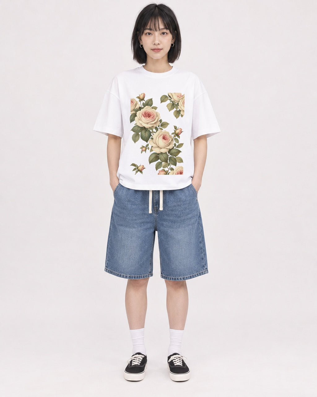 Mockup Boxy Heavyweight Tee White female full-body 11