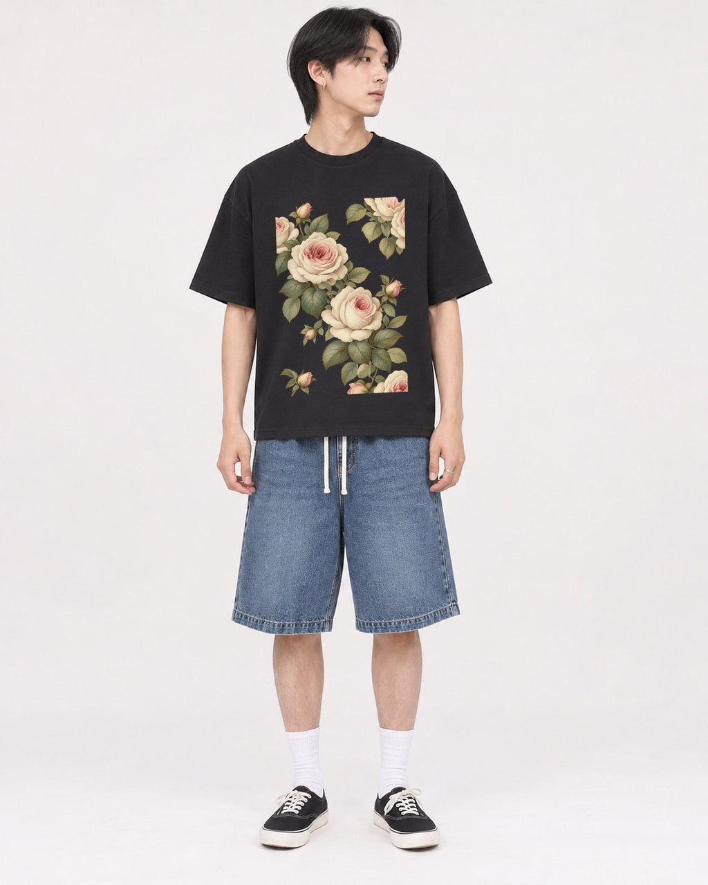 Mockup Boxy Heavyweight Tee Black male full-body 11