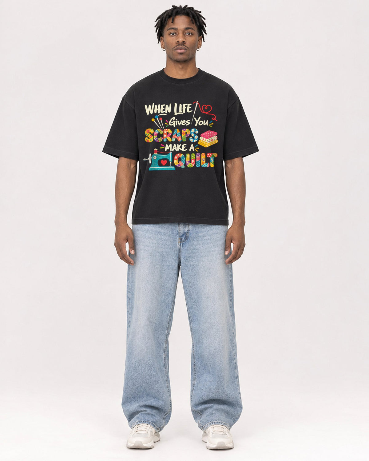 Mockup Boxy Heavyweight Tee Black male full-body 05