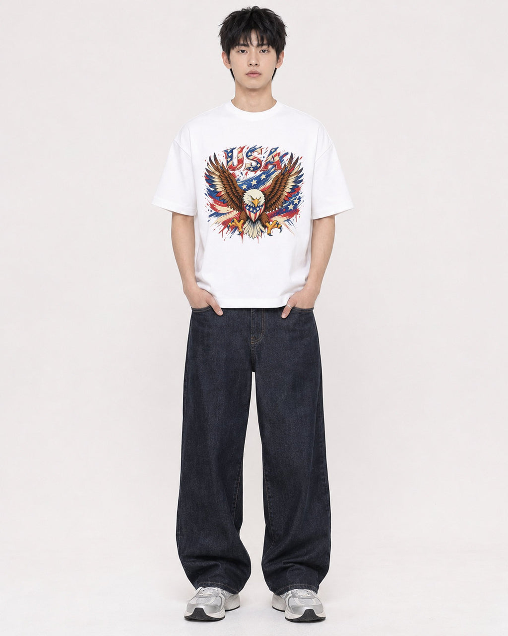 Mockup Boxy Heavyweight Tee White male full-body 01