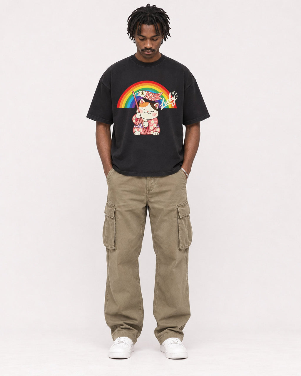 Mockup Boxy Heavyweight Tee Black male full-body 04