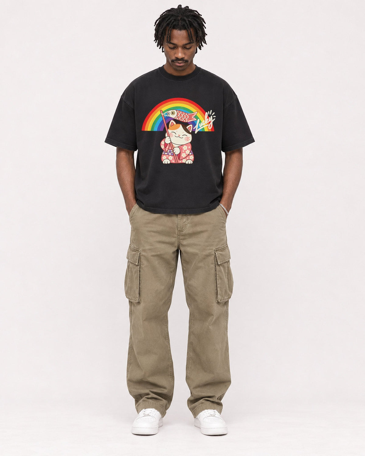 Mockup Boxy Heavyweight Tee Black male full-body 04