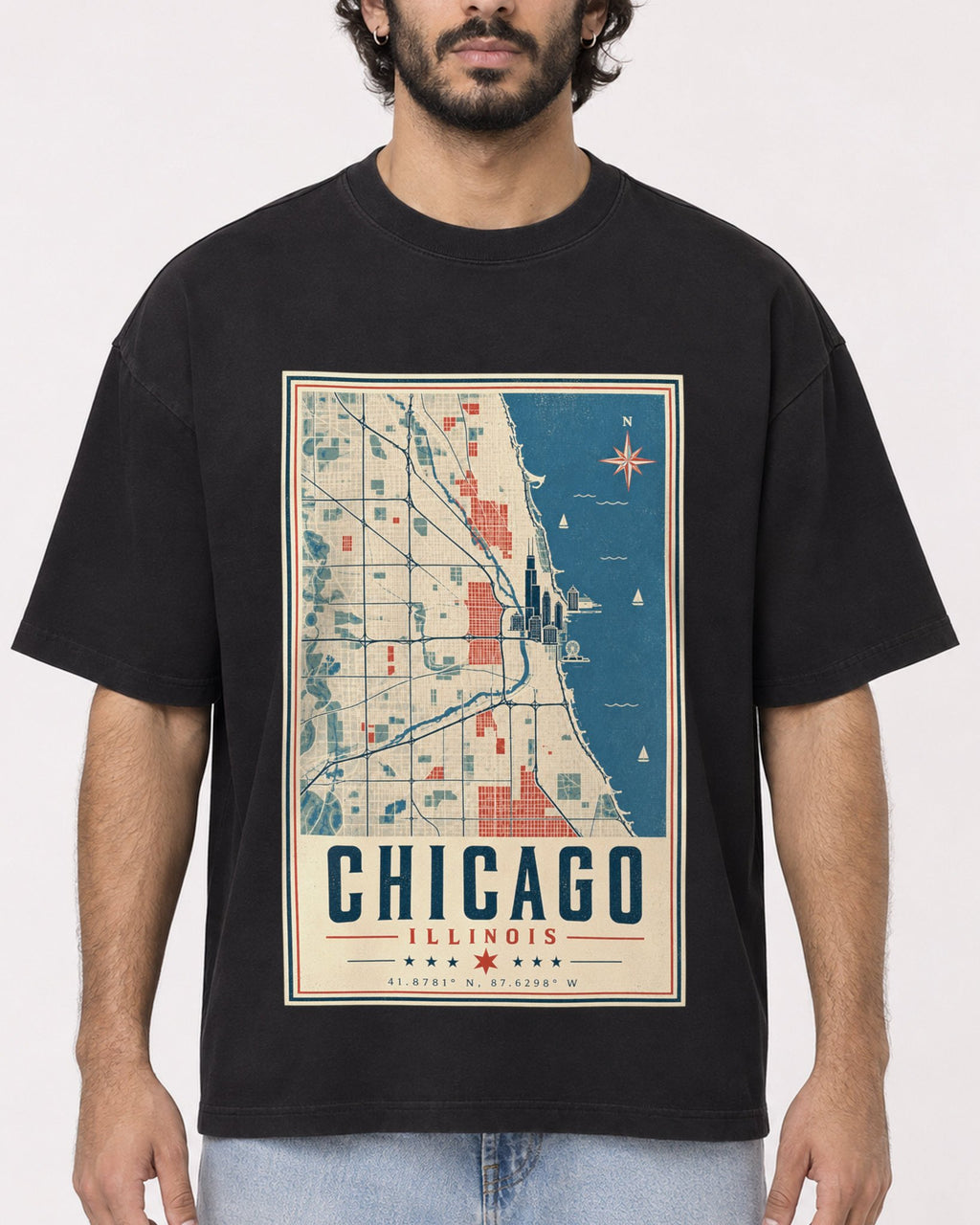 Mockup Boxy Heavyweight Tee Black male close-up 17