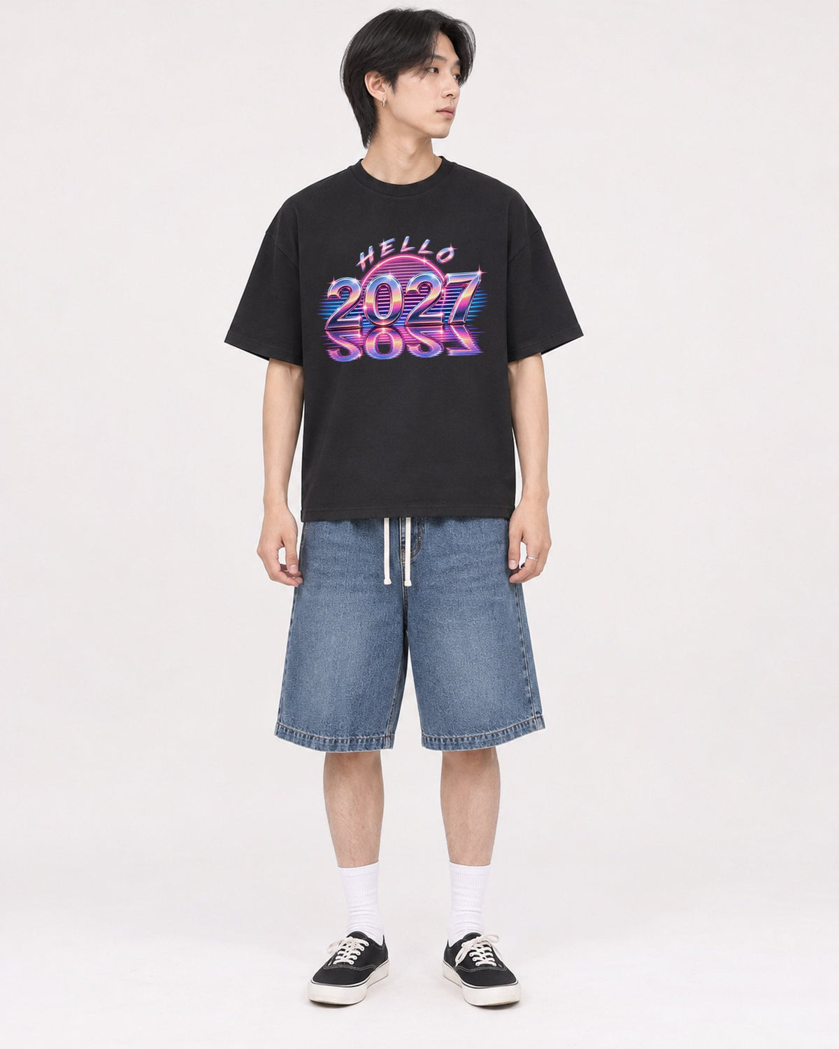 Mockup Boxy Heavyweight Tee Black male full-body 11