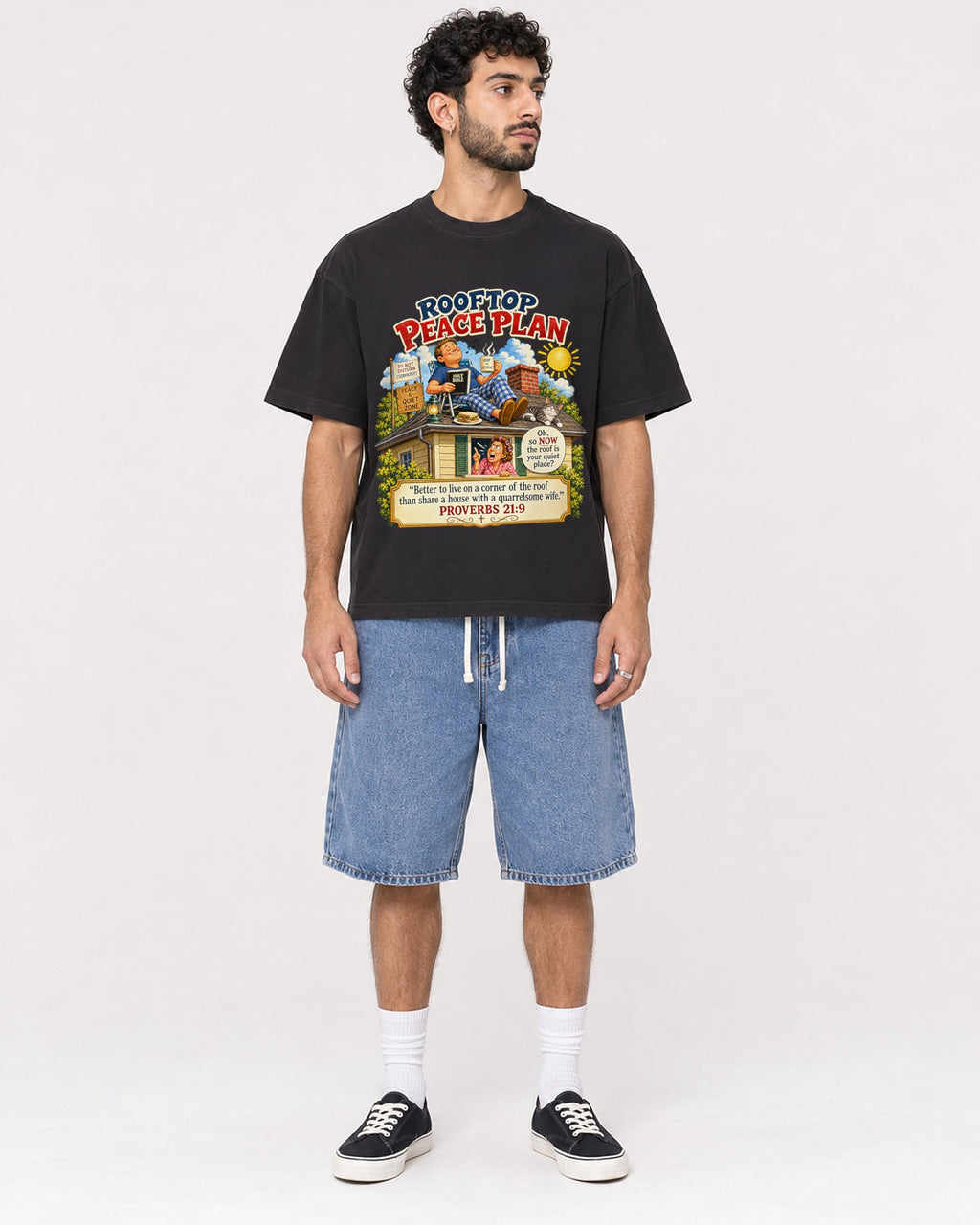 Mockup Boxy Heavyweight Tee Black male full-body 27